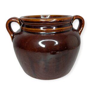 Vintage Brown Glaze Stoneware Bean Crock Pot with Handles Made in USA No Lid